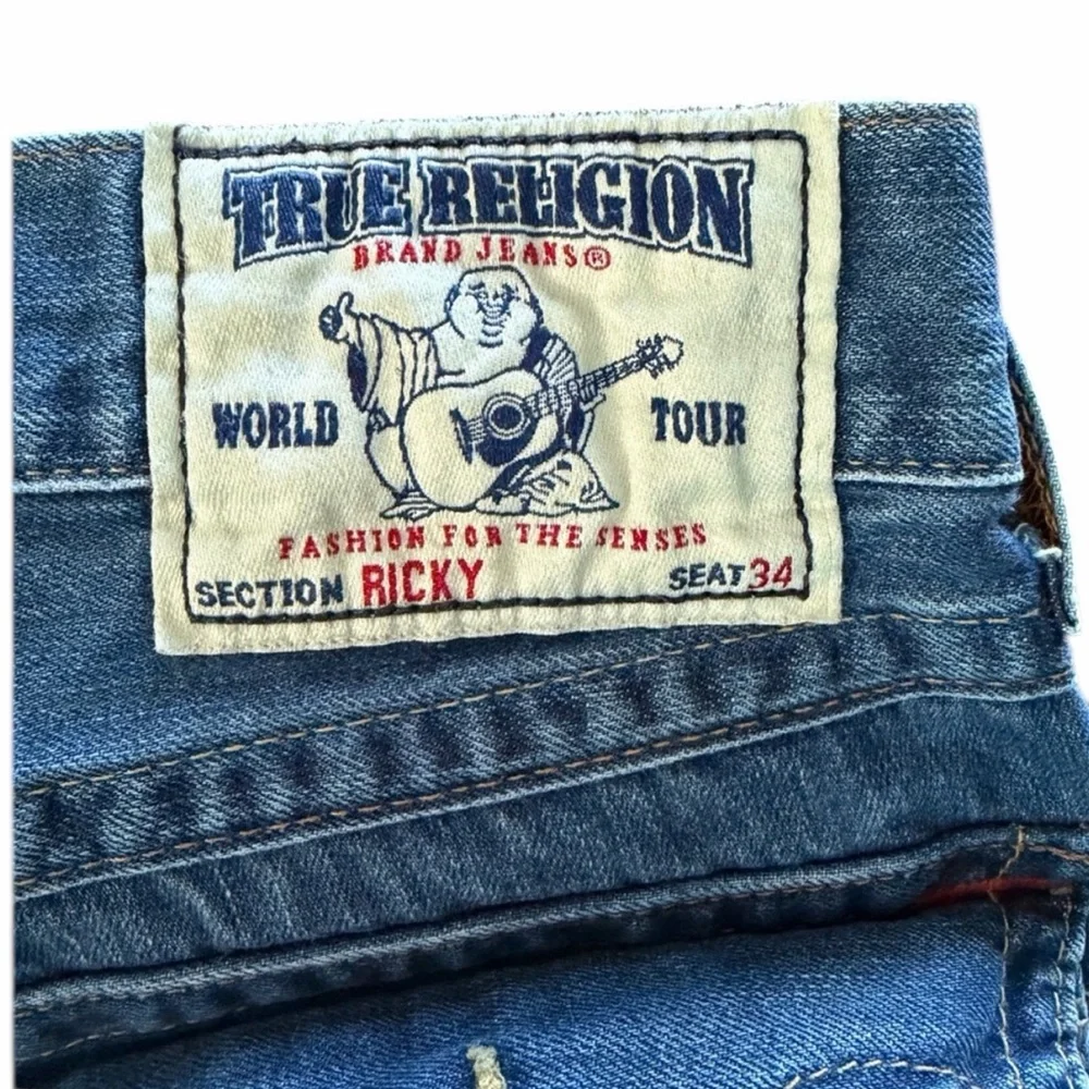True Religion Jeans Mens 34 Blue Ricky Straight Leg Distressed Denim Inseam 33”
